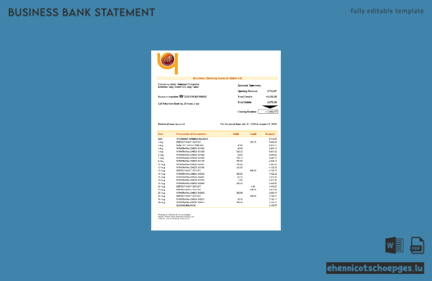 Druk PNB Bank Firmenkontoauszug Word- und PDF-Beispielvorschau